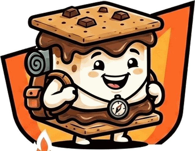 The S'more's Outdoors mascot: a happy s'more character wearing a tiny explorer backpack and compass