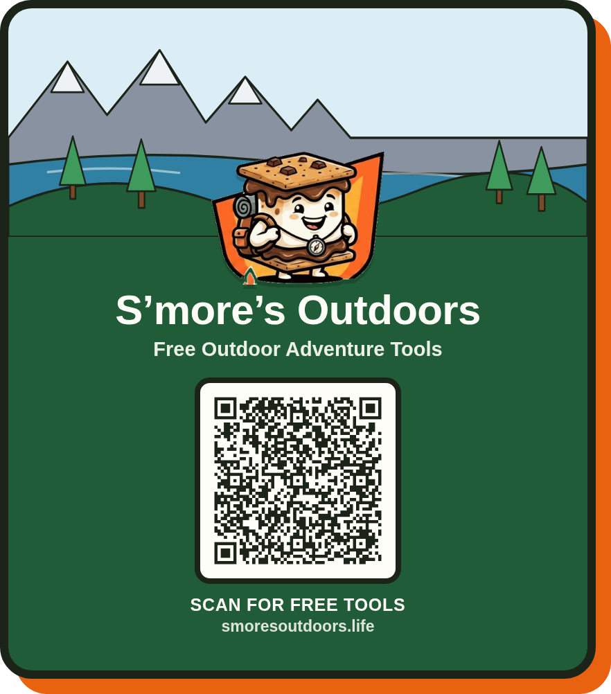 The S'more's Outdoors sticker: the mascot in front of a mountain scene, with a QR code linking to the site